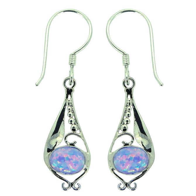 (205VOPSB) Lab Created Blue Opal Silver Drop Earrings