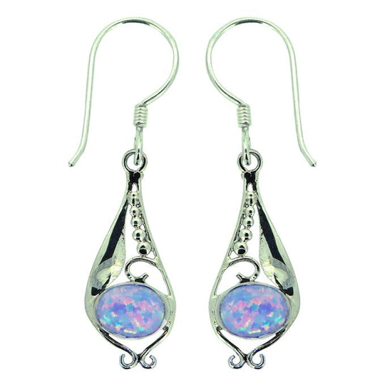 (205VOPSB) Lab Created Blue Opal Silver Drop Earrings