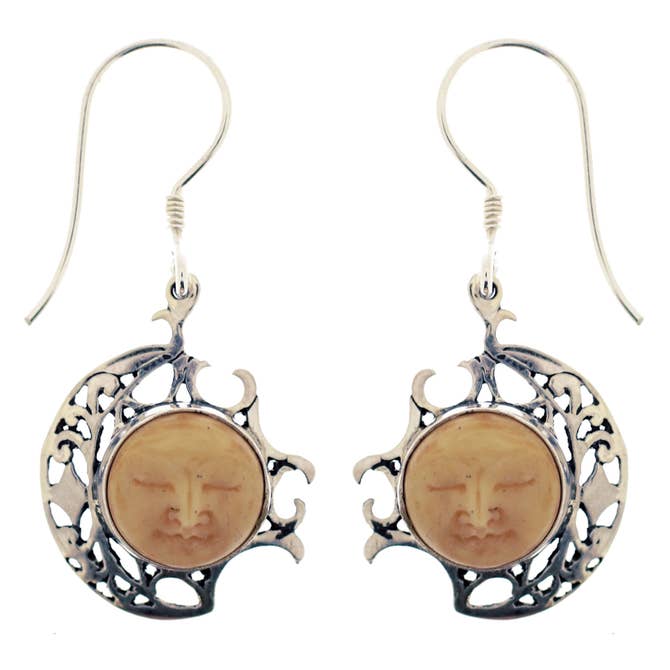 (207ZSSBFT) Sterling Silver with Tan Bone Carved Face Earrings