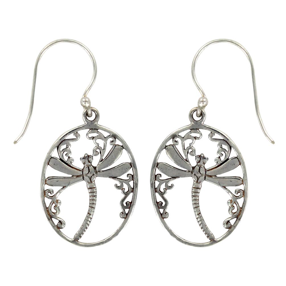 (267X) Silver Dragonfly Oval Earring