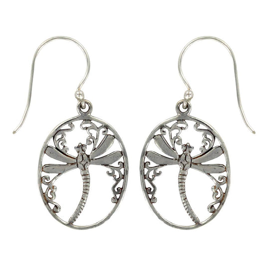 (267X) Silver Dragonfly Oval Earring