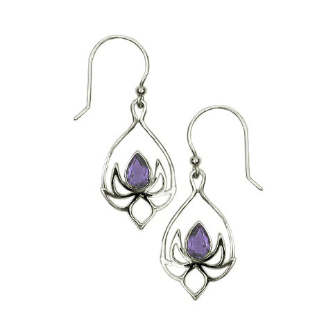 Sterling Silver (295OAM) Lotus Drop Amethyst Earrings