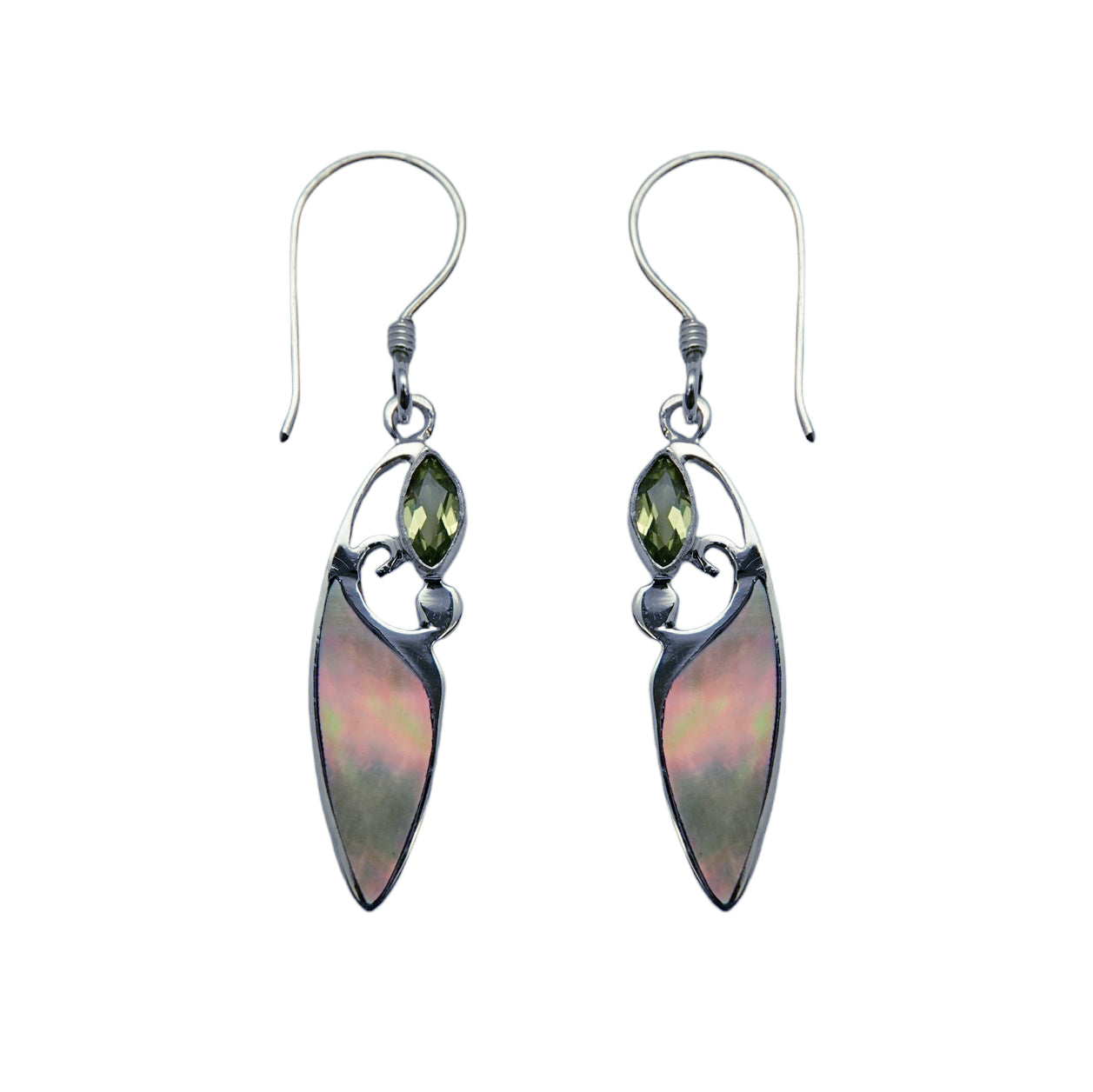 (331APETAN) Silver Earring With Peridot and Tan Shell