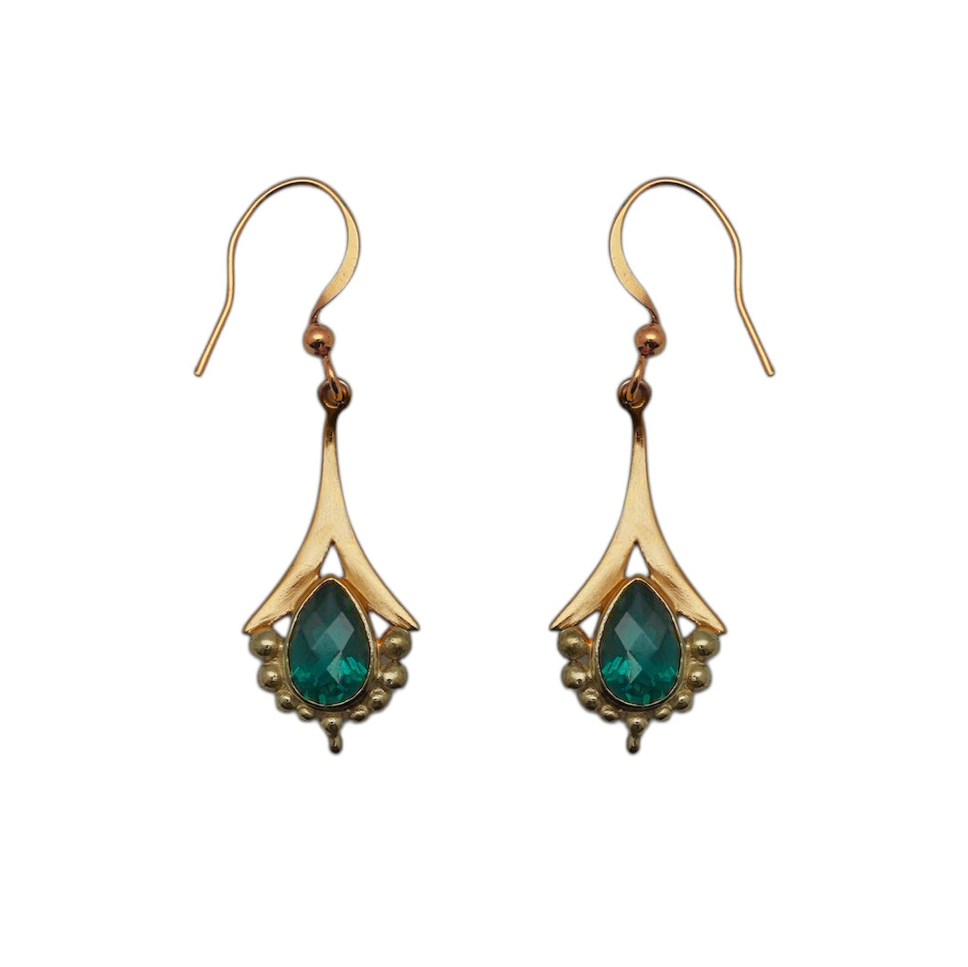 (BR102GQ) Green Quartz Gold tone Fan Earrings
