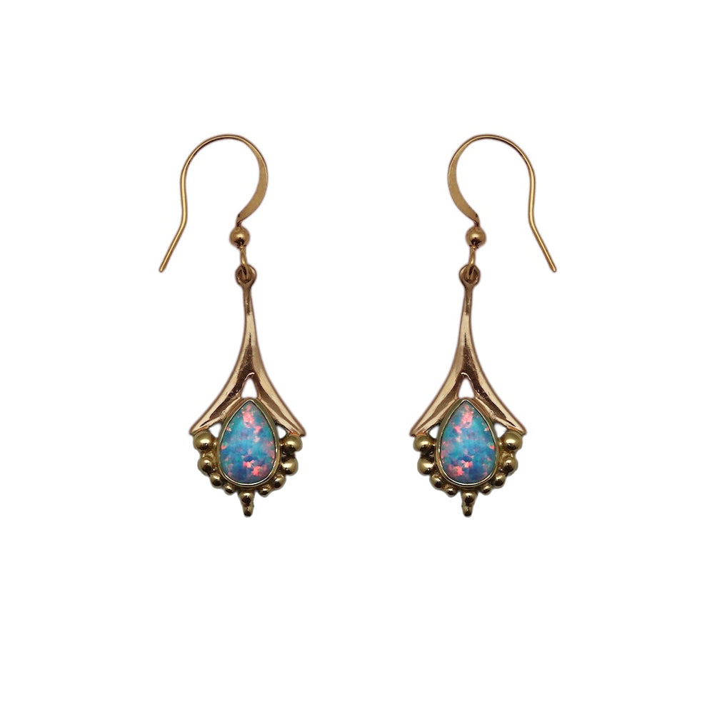 (BR102OPSB) Lab Created Blue Opal Gold tone Fan Earrings
