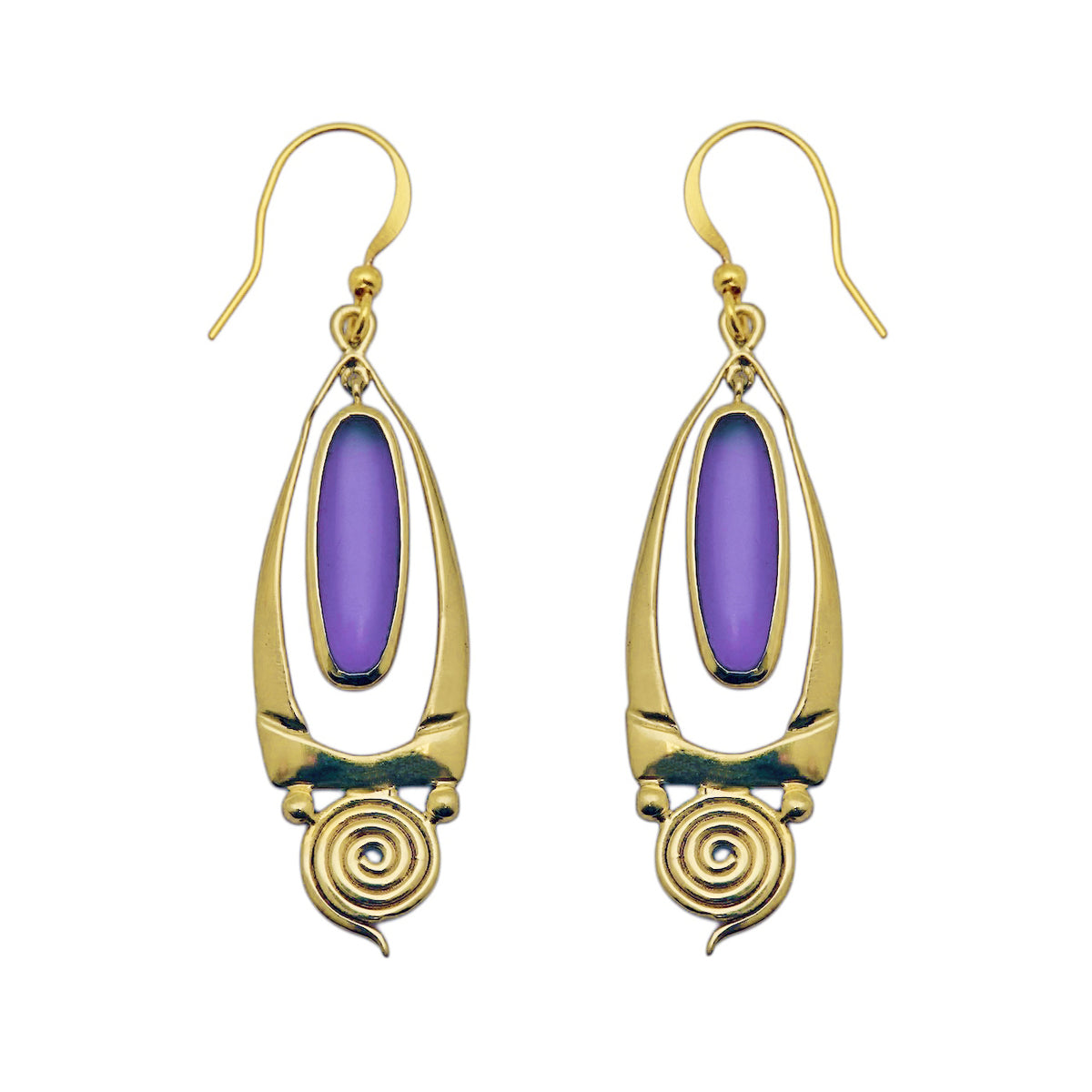 (BR108AM) Gold Tone Spiral Amethyst Cabochon Earrings