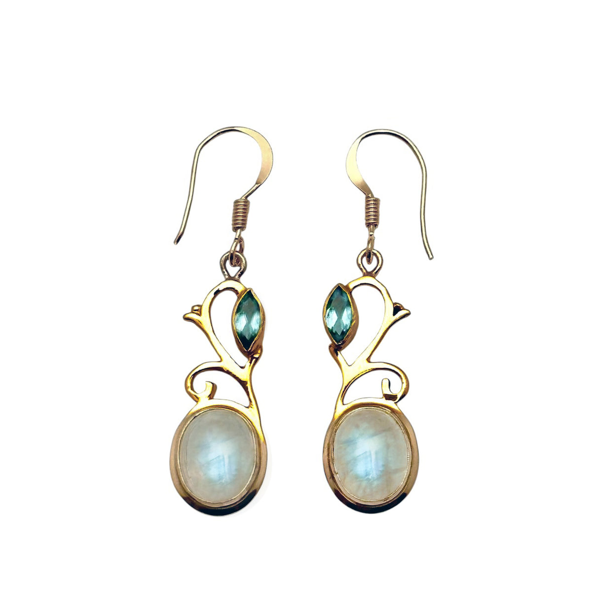 (BR233QBTBMS) Gold Tone Vine Blue Topaz and Blue Moonstone Swirl Earrings
