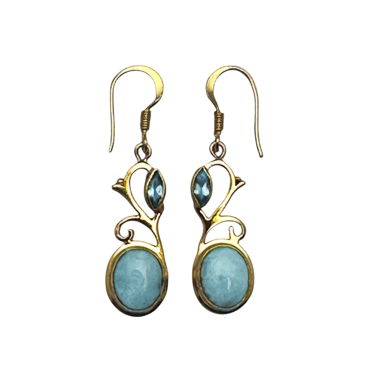 (BR233QBTLAR) Gold Vine Blue Topaz and Larimar Swirl Earrings