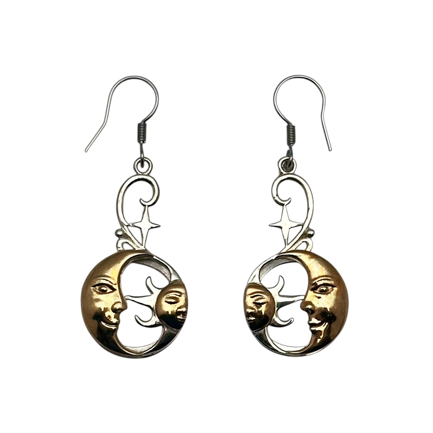 (SP117) Bohemian Two-Tone Sun, Moon, and Star Statement Earrings
