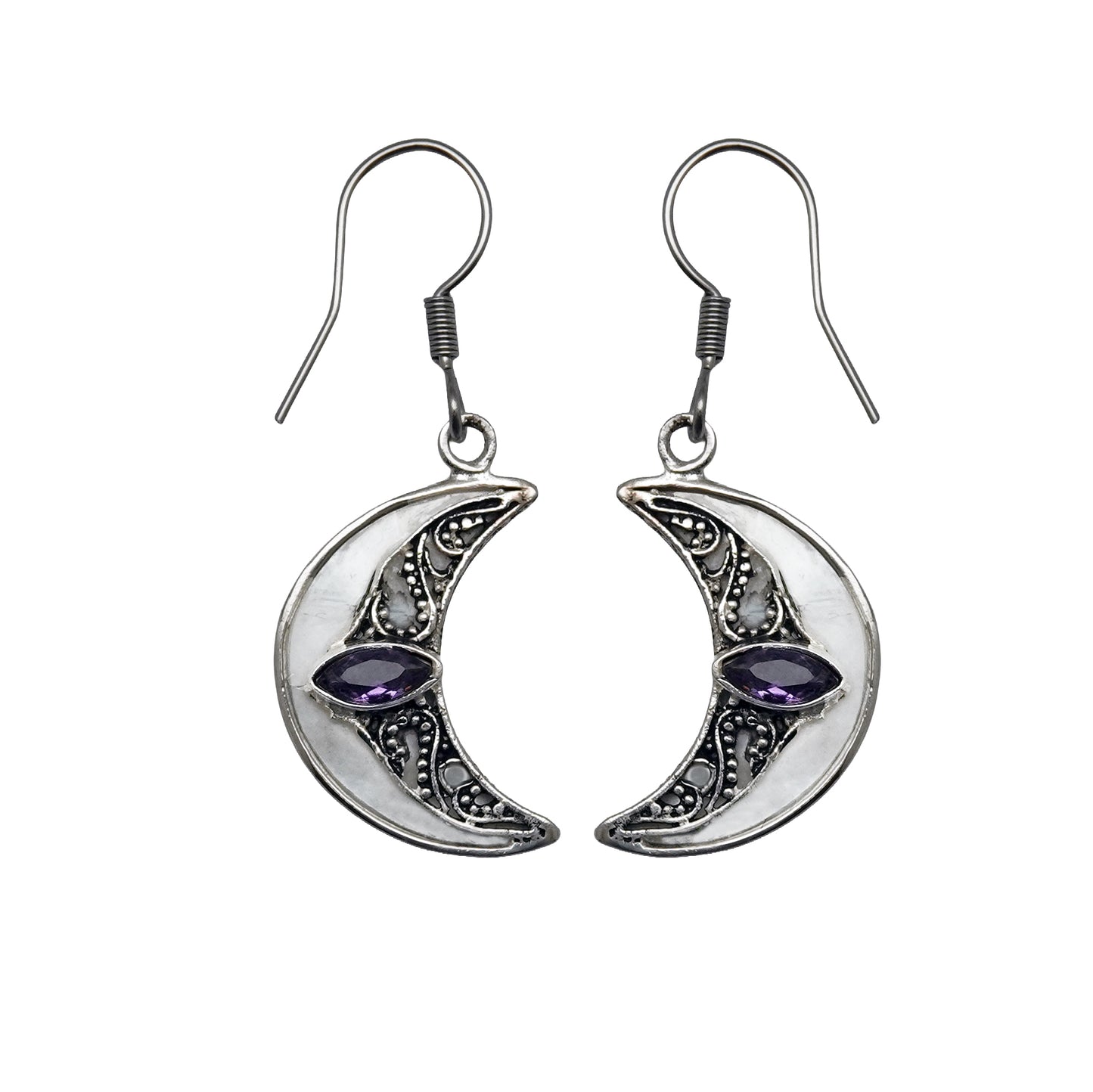 (SP256YAMMOP) Crescent Moon Dangle Earrings with Amethyst and Mother of Pearl