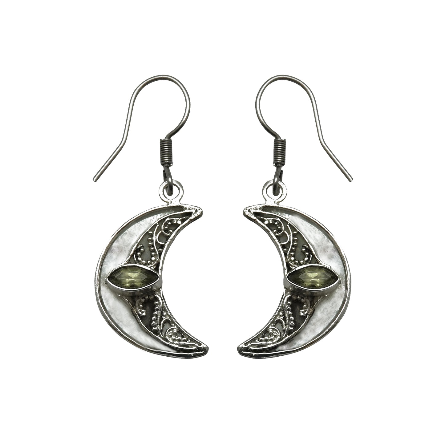 (SP256YPEMOP) Crescent Moon Dangle Earrings with Peridot and Mother of Pearl