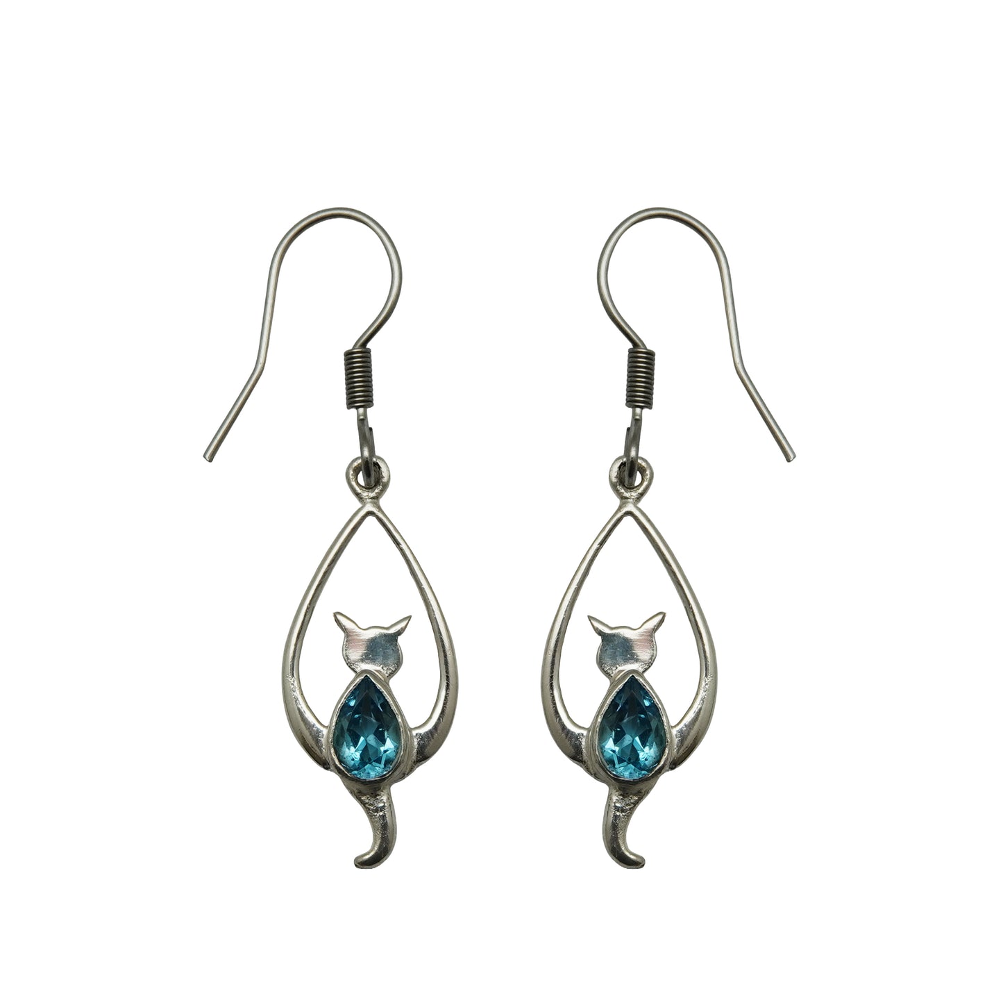 (SP310CSMBT) Silver Plated Blue Topaz Cat Earrings