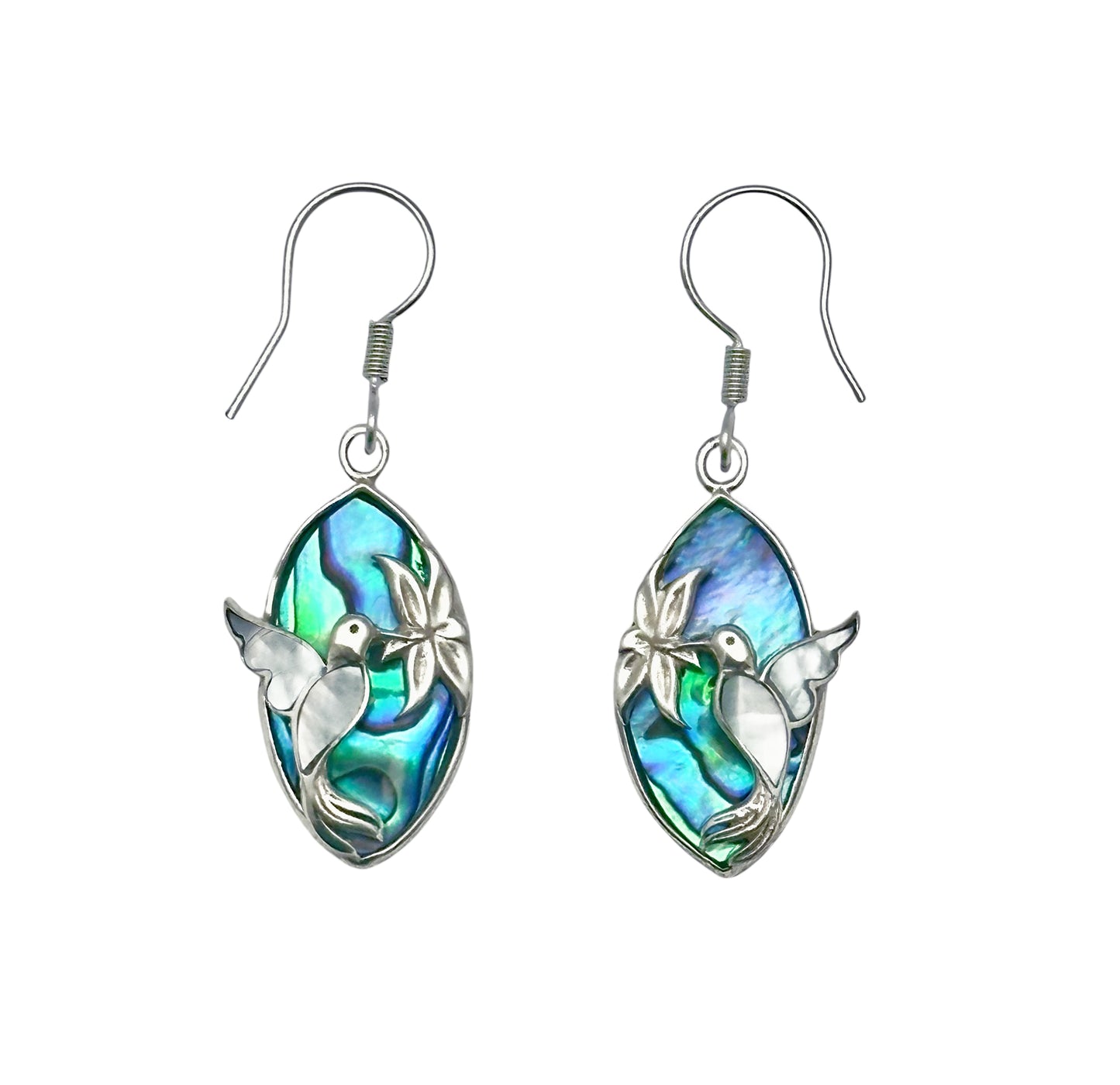 (SP315BPAUAMOP) Mother of Pearl Hummingbird and Paua Back Drop Earrings