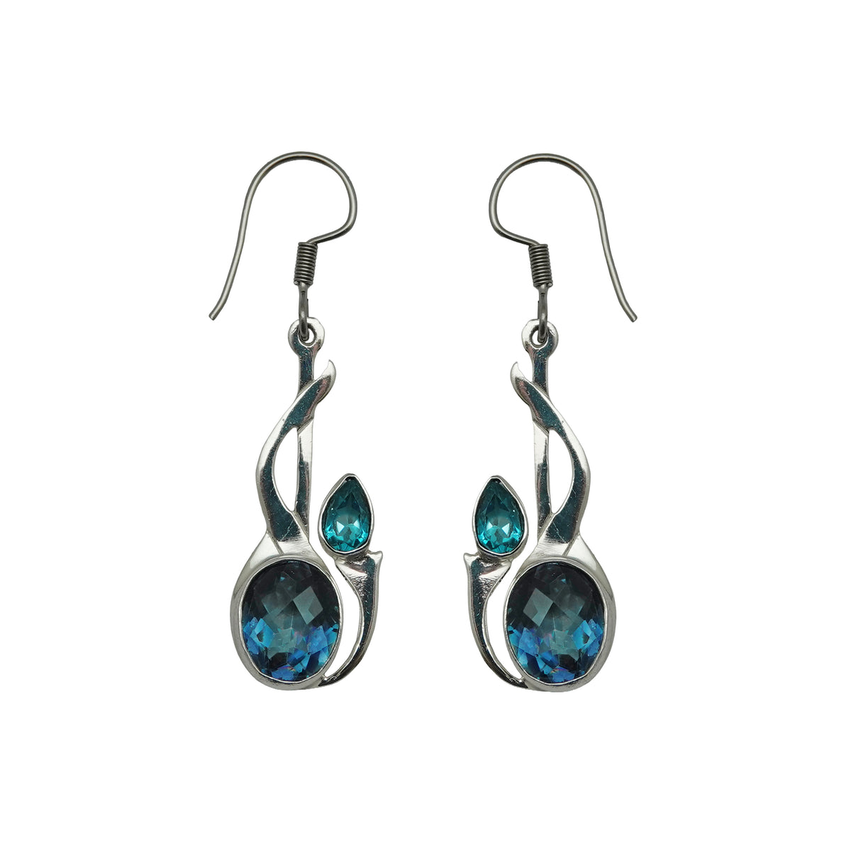 (SP357CBTBQ) Blue Topaz & Quartz Abstract Flower Bud Earrings