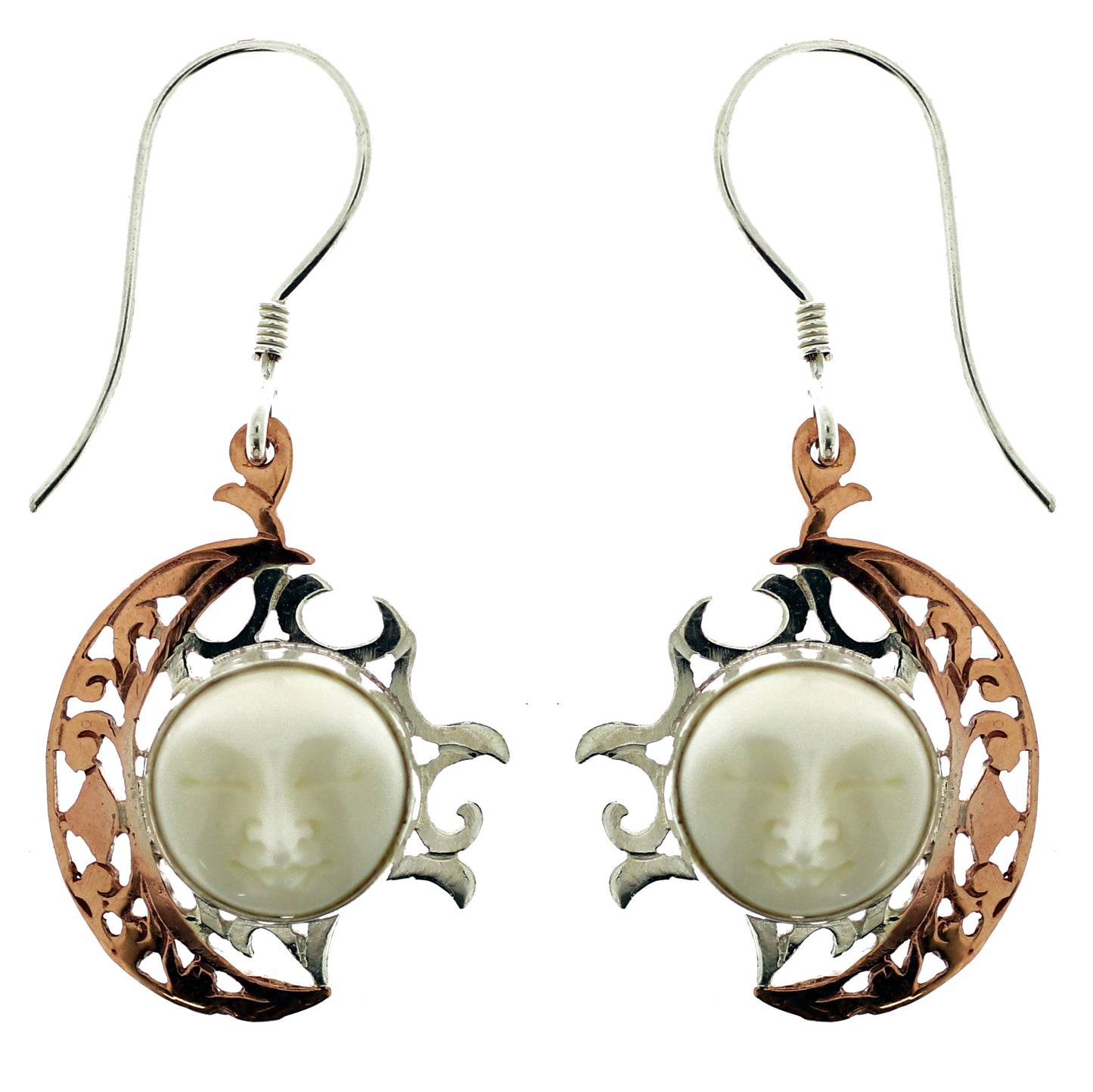 (207ZCOPBF) White Bone Carved Face Copper Earring