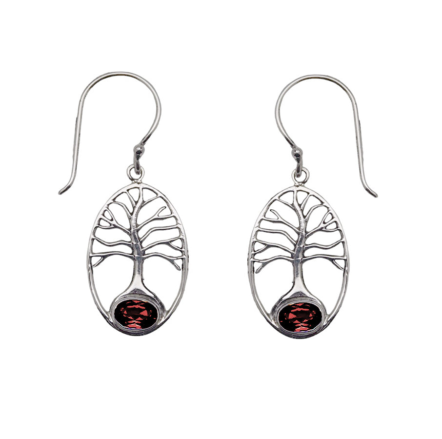 (241QGA) Garnet Tree of Life Silver Earring