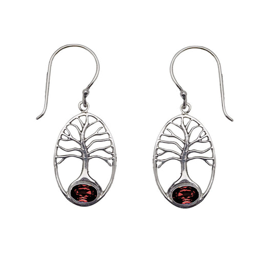 (241QGA) Garnet Tree of Life Silver Earring