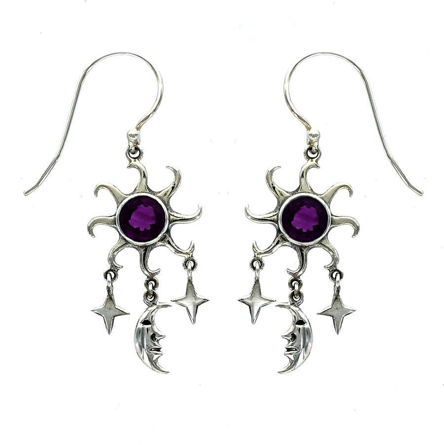(293VAM) Amethyst Sun, Moon, and Stars Drop Earring