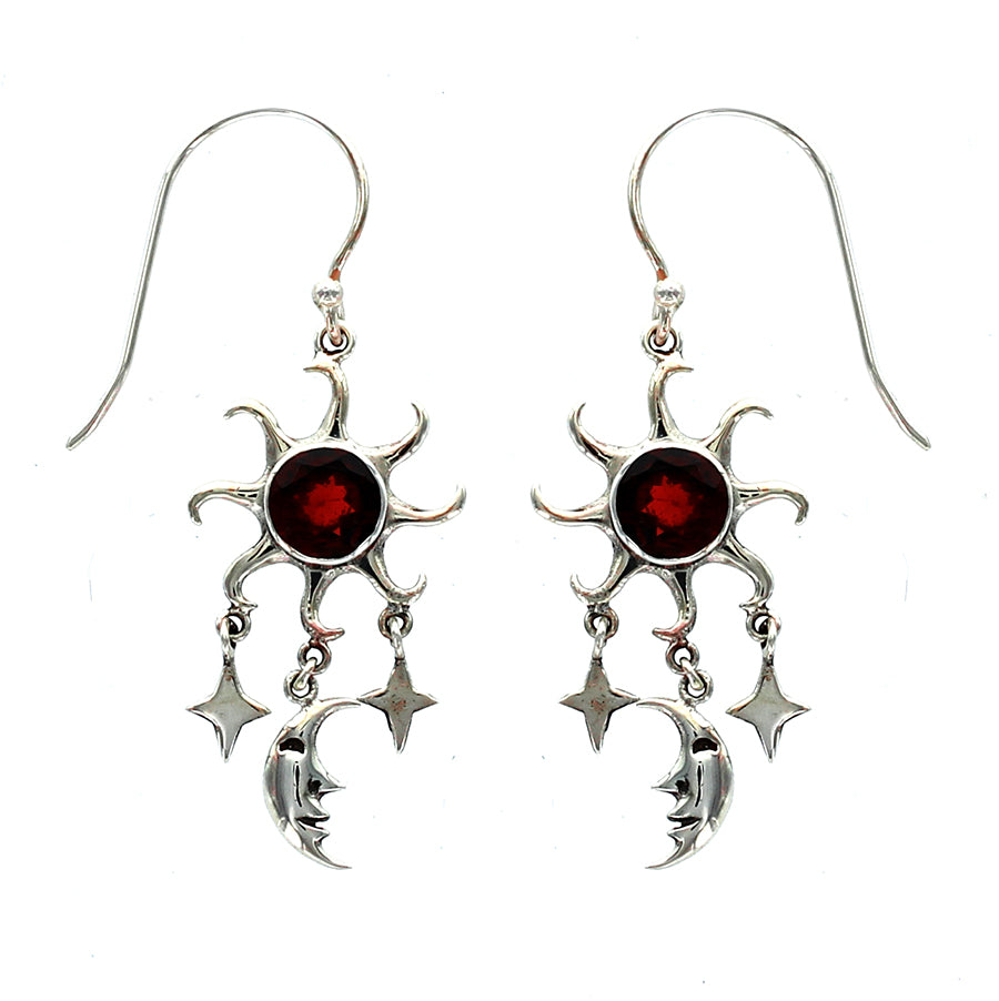 (293VGA) Garnet Sun, Moon, and Stars Drop Earring