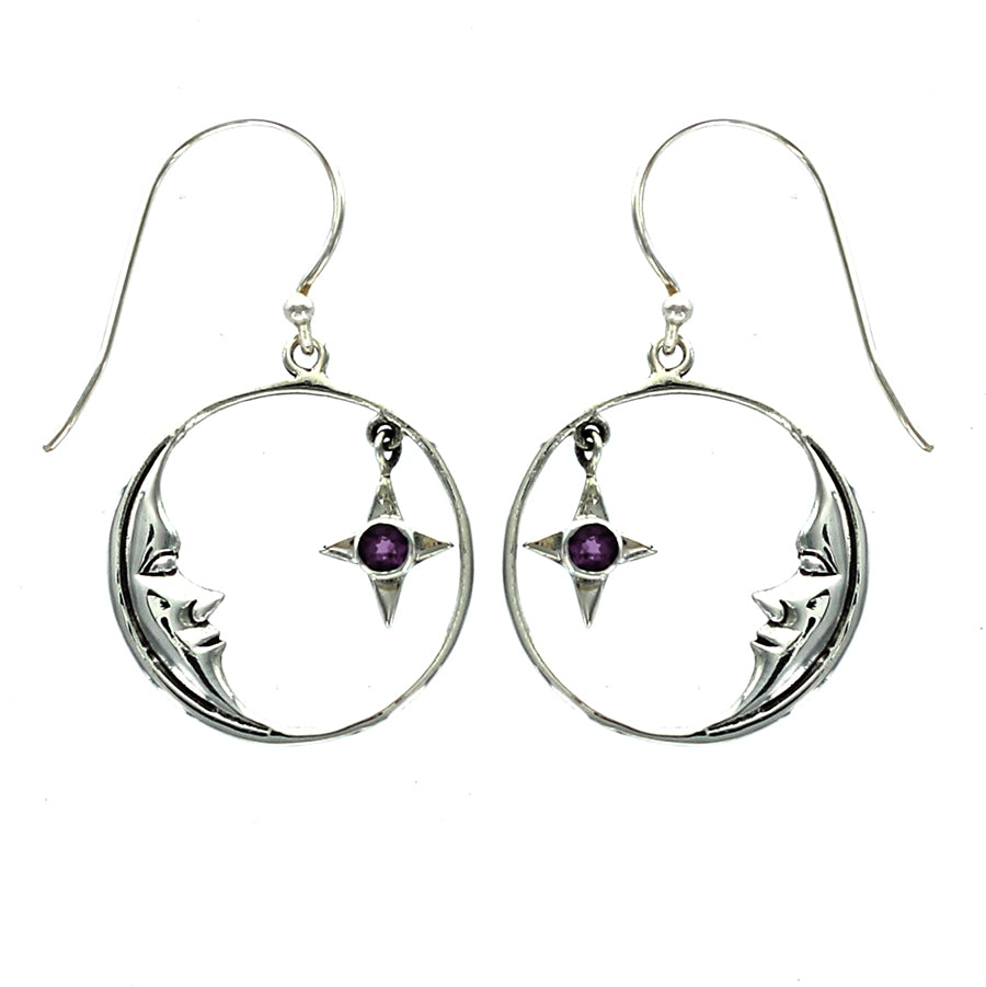(294VAM) Amethyst Star and Silver Moon Drop Earrings