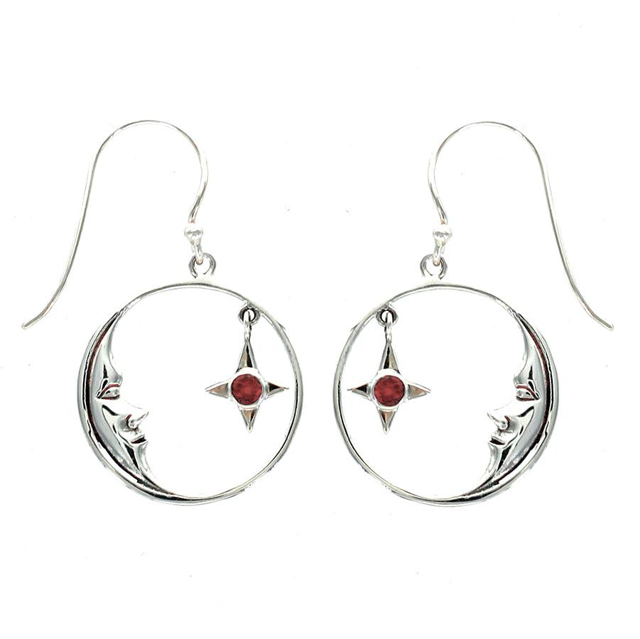 (294VGA) Garnet Star and Silver Moon Drop Earrings