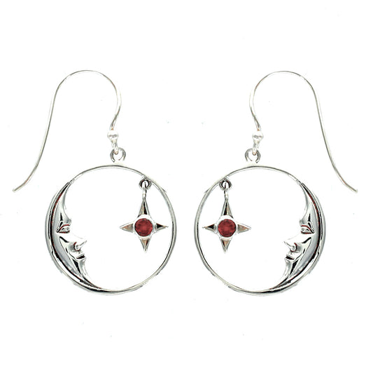 (294VGA) Garnet Star and Silver Moon Drop Earrings