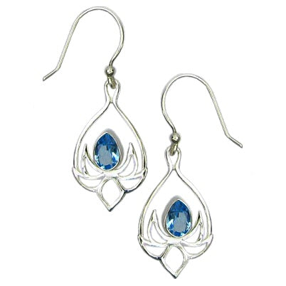 Sterling Silver (295OBT) Lotus Drop Blue Topaz Earrings