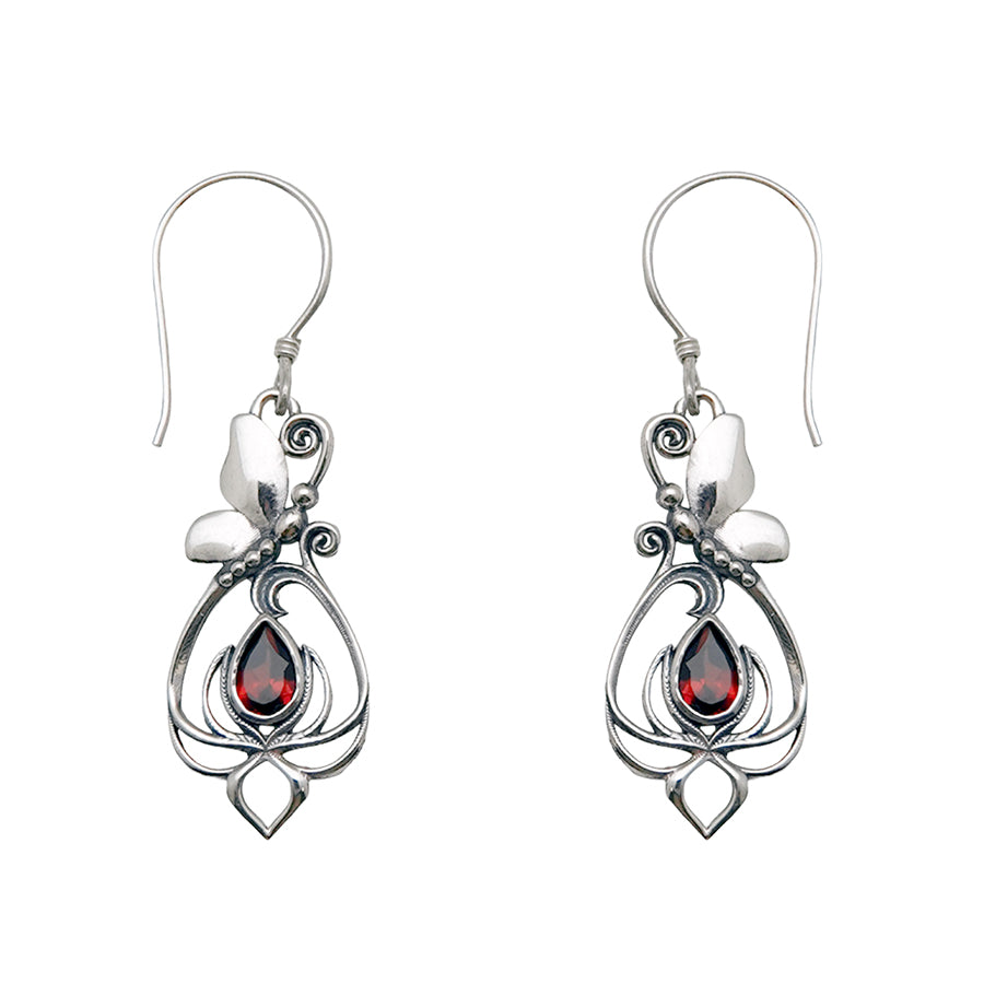 (308BGA) Garnet Butterfly/Lotus Silver Earrings