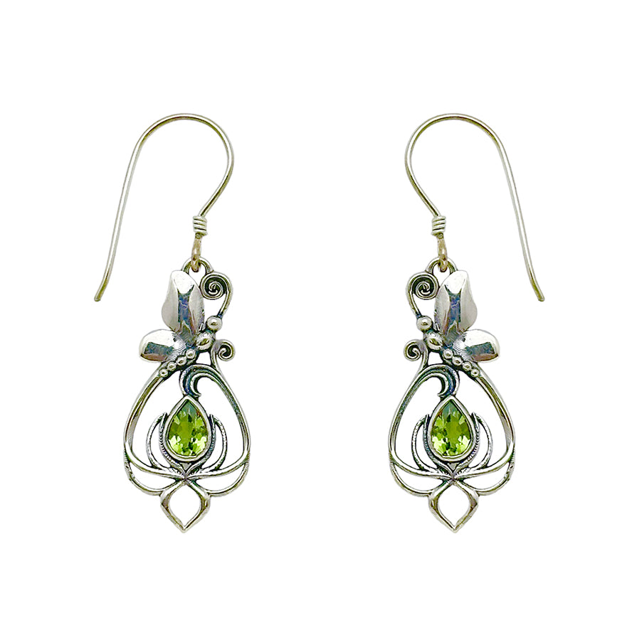 (308BPE) Peridot Silver Butterfly/Lotus Earrings