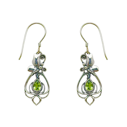 (308BPE) Peridot Silver Butterfly/Lotus Earrings
