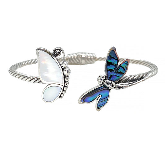 (519EMOPPAUA) Mother Of Pearl Butterfly & Paua Dragonfly Silver Bracelet