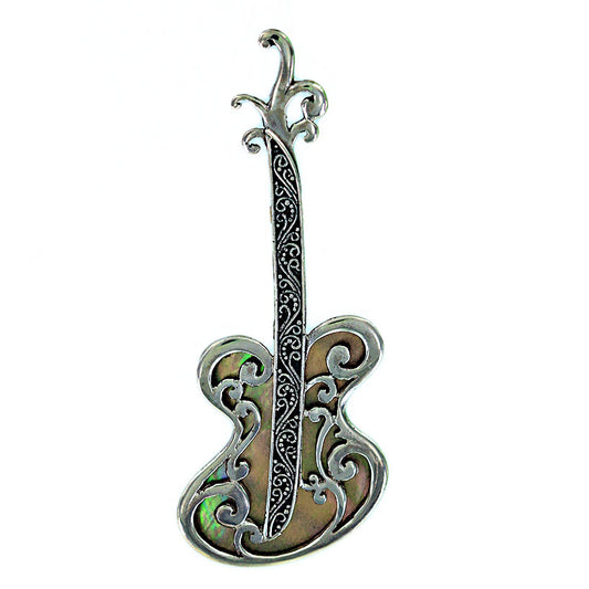 (656DTAN) Tan Shell Silver Guitar Pin/Pendant