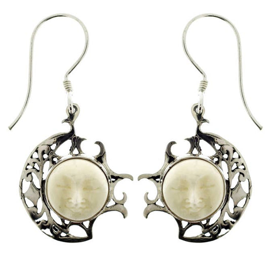 (207ZSSBF) White Bone Carved Face Earring in Sterling