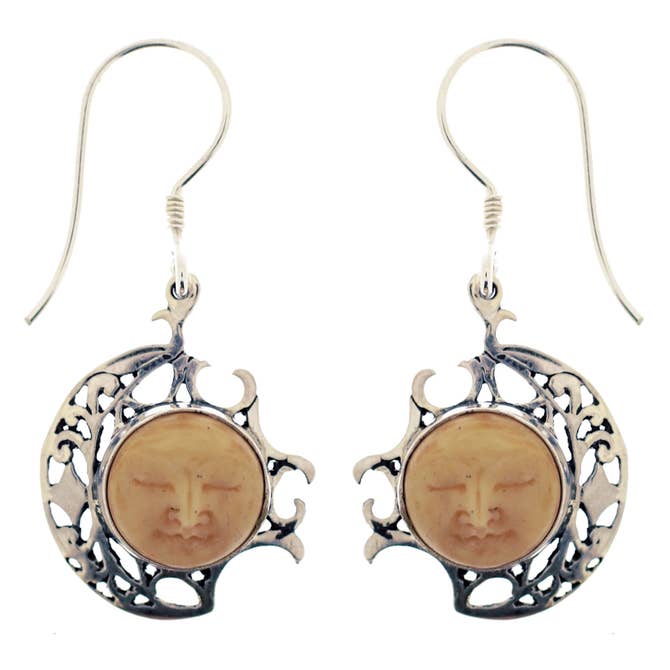 (207ZBFT) Sterling Silver with Tan Bone Carved Face Earrings