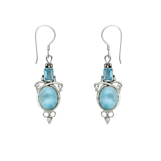 (212GBTLAR) Blue Topaz with oval Larimar Earrings