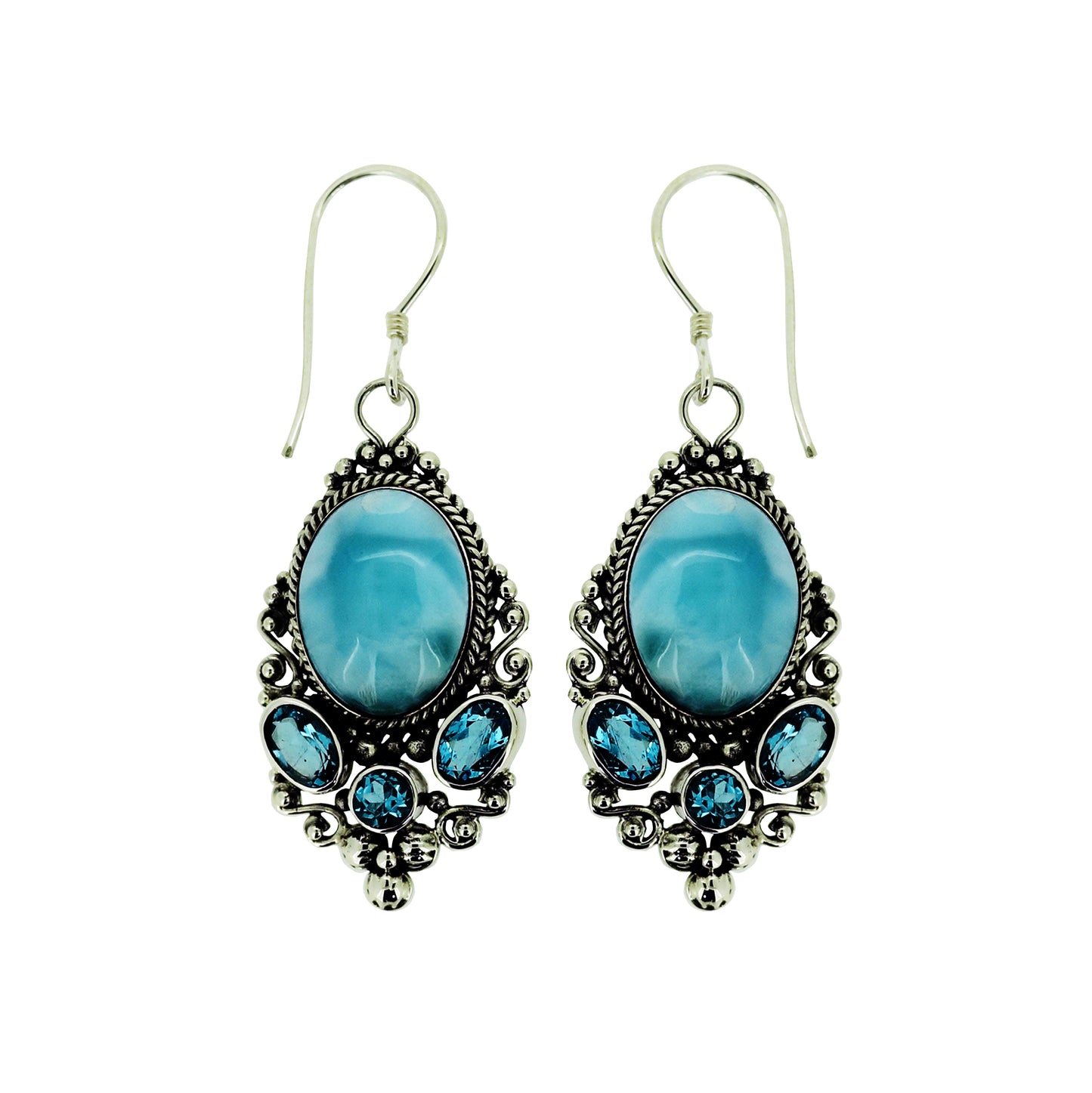 (214GLARBT) Larimar & Swiss Blue Topaz Silver Earrings