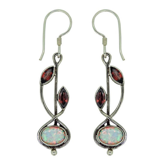 (243NGAOPS) Garnet & Lab Created White Opal Sterling Silver Earrings