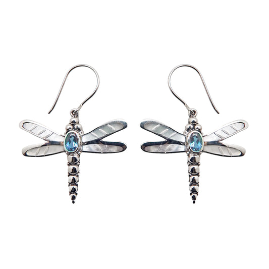 (248IBTMOP)  Blue Topaz and Mother of Pearl Dragonfly Earrings