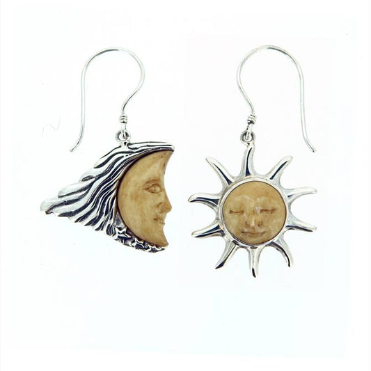 (253FBFT) Tea Stained Carved Bone Moon/Sun Earrings