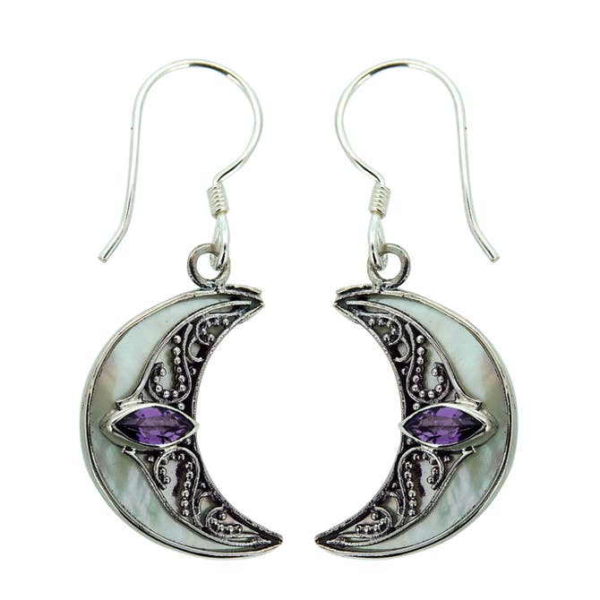 (256YAMMOP) Amethyst & Mother Of Pearl Crescent Moon Earrings