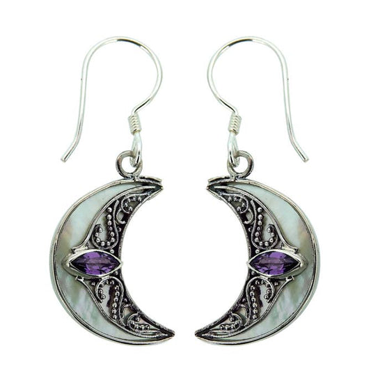 (256YAMMOP) Amethyst & Mother Of Pearl Crescent Moon Earrings