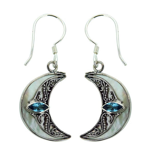 (256YBTMOP) Swiss Blue Topaz & Mother Of Pearl Crescent Moon Silver Earrings