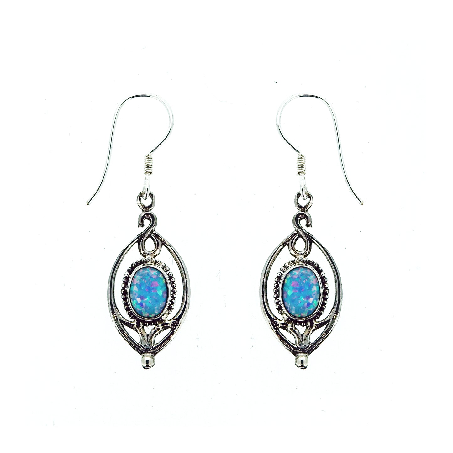 (257POPSB) Flower Drop Lab Created Blue Opal Earrings