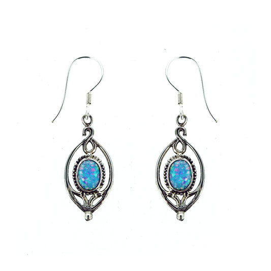 (257POPSB) Flower Drop Lab Created Blue Opal Earrings