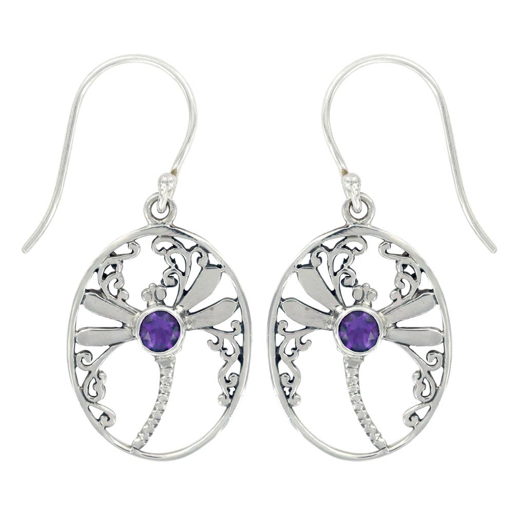 (268XAM) Oval Dragonfly Earring With Amethyst Stone (268XAM)