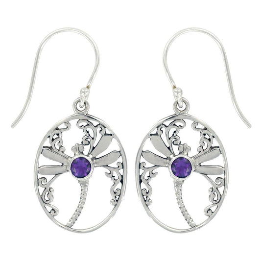 (268XAM) Oval Dragonfly Earring With Amethyst Stone (268XAM)