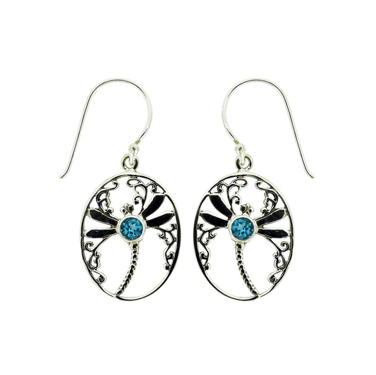 (268XBT) Dragonfly Oval Earrings with Blue Topaz