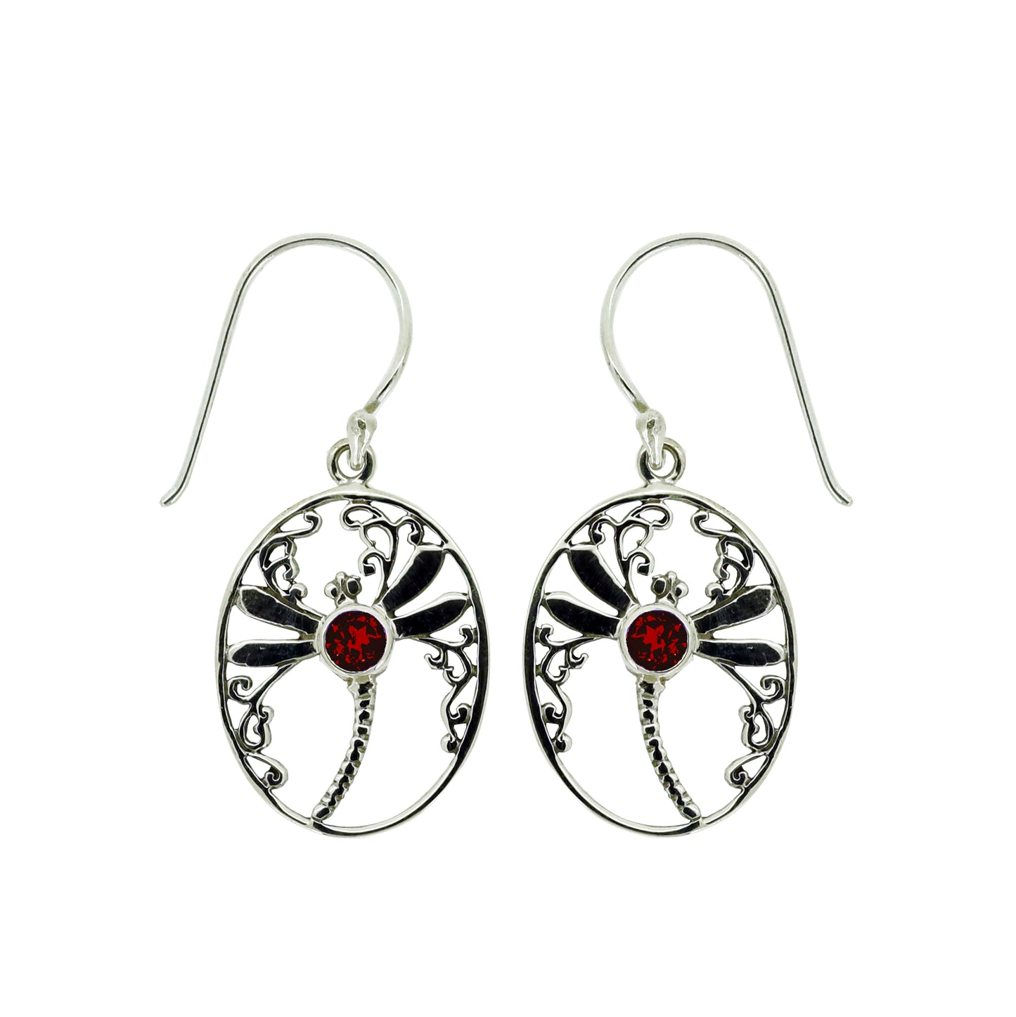 (268XGA) Dragonfly Oval Earrings with Garnet