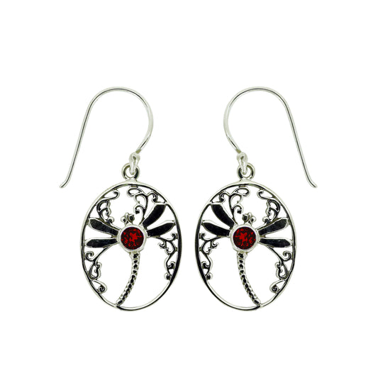 (268XGA) Dragonfly Oval Earrings with Garnet