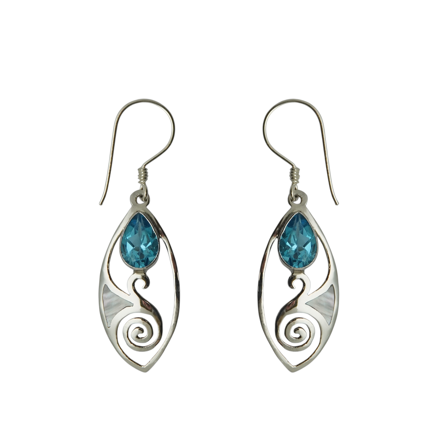 (SP288TBTMOP) Blue Topaz & Mother of Pearl Inlay Swirl Drop Earrings
